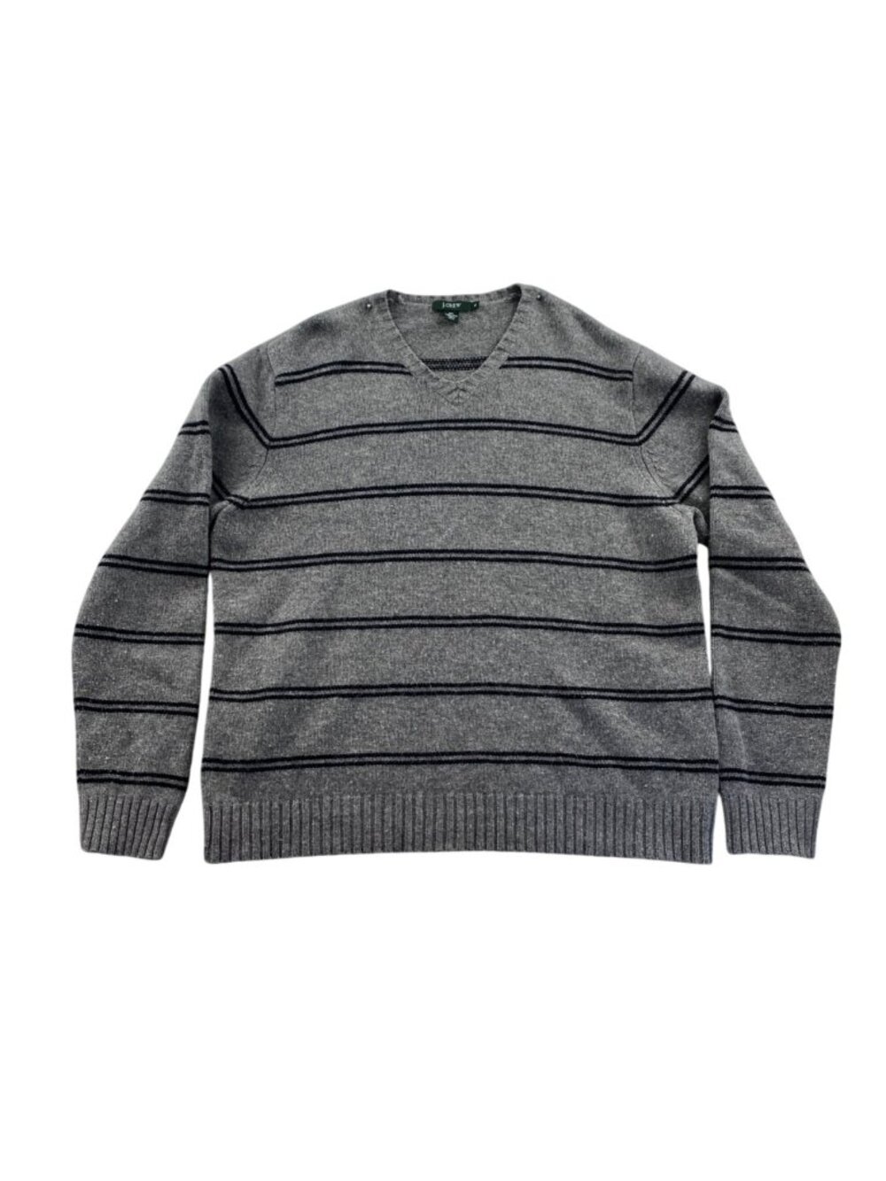 J. Crew Mens Sweater Size XL Gray Striped 100% Lambswool Knit V-Neck Pullover
